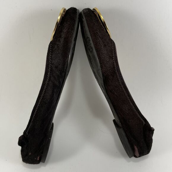 Tory Burch Reva Brown Gold Animal Fur Ballet Flat Womens Size 5 Slip On Ballet - Picture 6 of 9